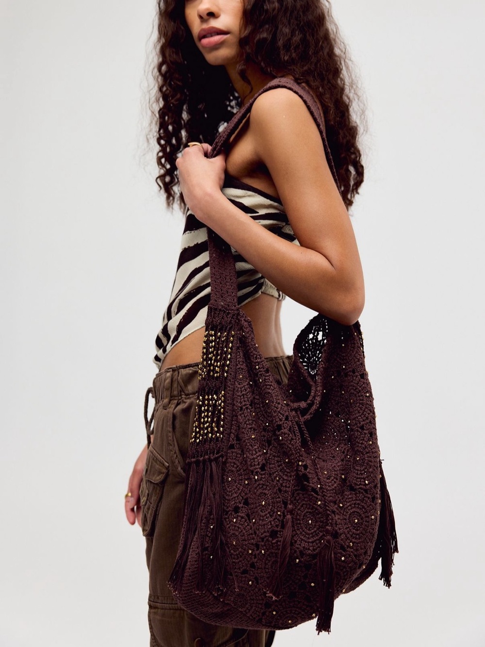 Free people sunrise to sunset crochet tote brown gold shoulder bag purse NWT - Picture 4 of 7